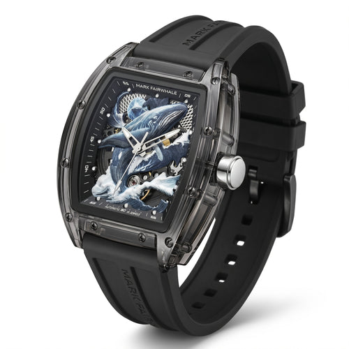 Luxury watch with black strap and intricate face design on a white background