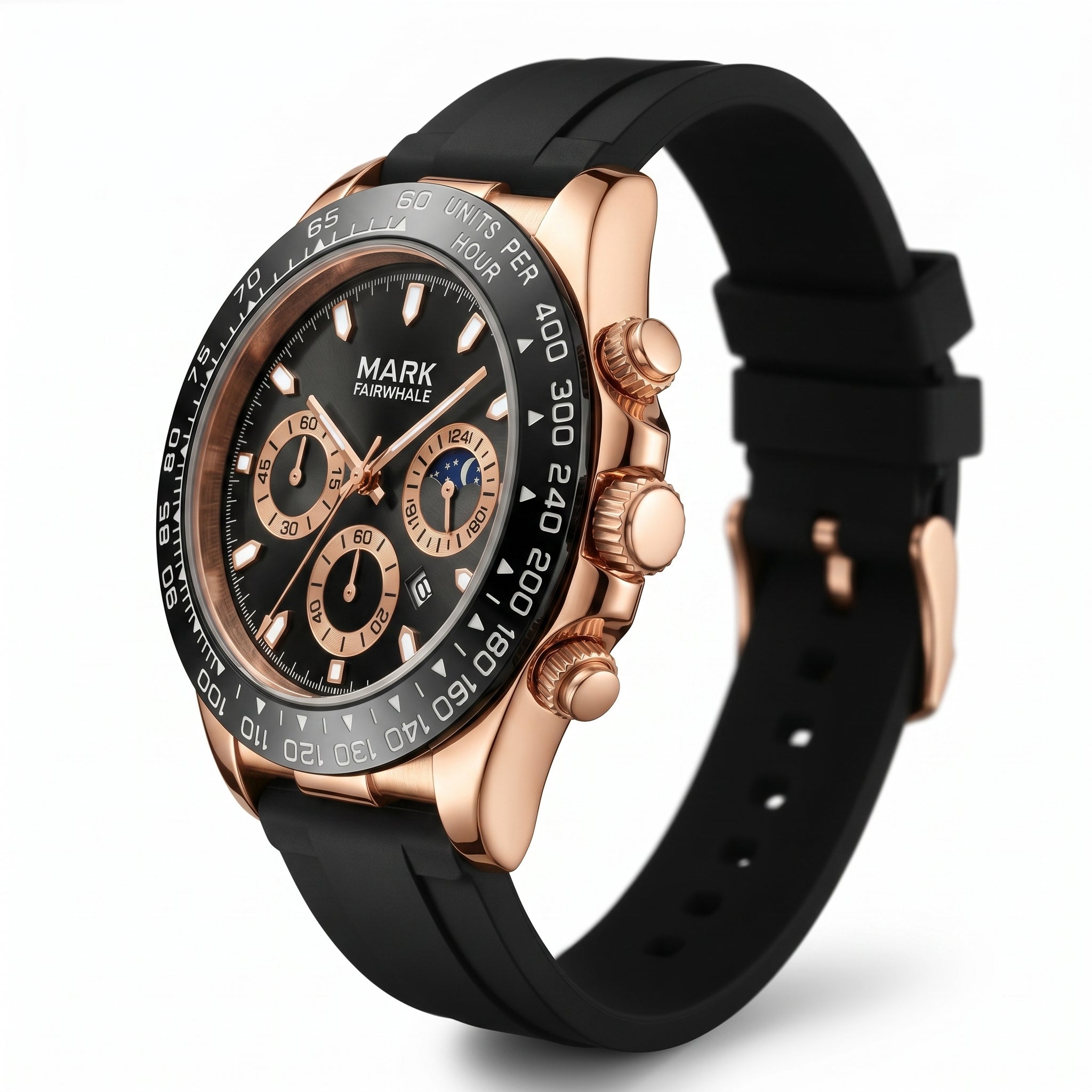 Luxury watch with black strap and rose gold case on a white background