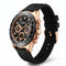 Luxury watch with black strap and rose gold case on a white background