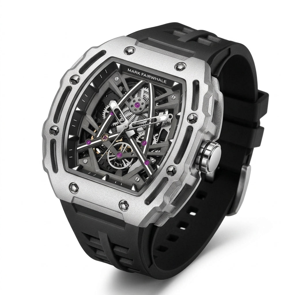 Luxury watch with black strap and silver case on a white background