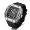 Luxury watch with black strap and silver case on a white background