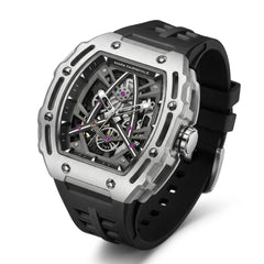Luxury watch with black strap and silver case on a white background