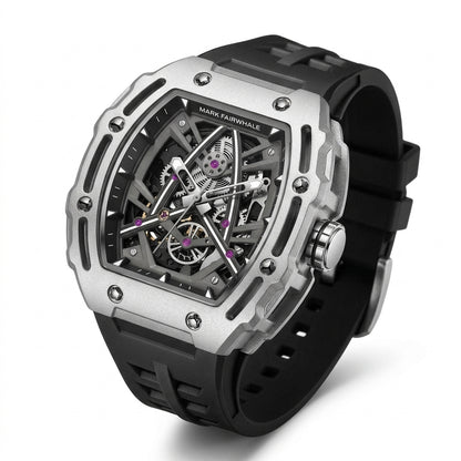 Luxury watch with black strap and silver case on a white background