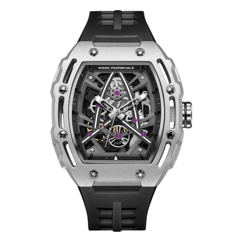 Luxury watch with black strap and silver case on a white background