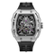 Luxury watch with black strap and silver case on a white background