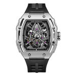 Luxury watch with black strap and silver case on a white background