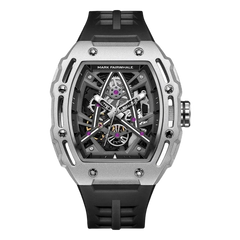 Luxury watch with black strap and silver case on a white background