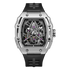 Luxury watch with black strap and silver case on a white background
