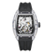 Luxury watch with black strap and transparent case displaying mechanical components on a white background