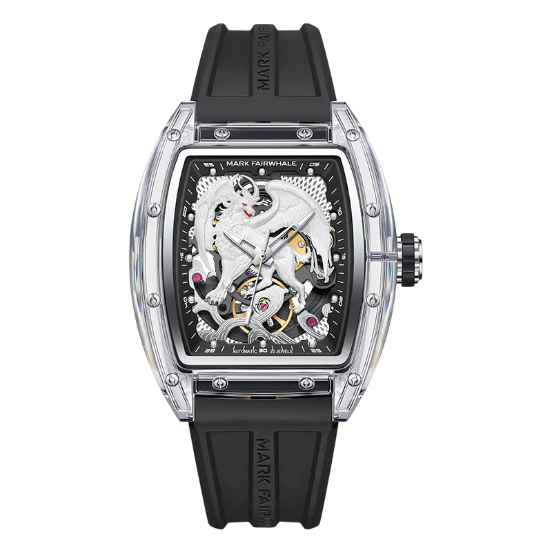 Luxury watch with black strap and transparent case displaying mechanical components on a white background