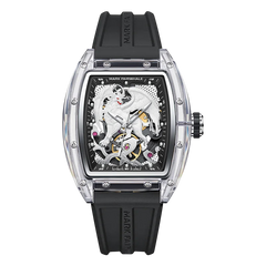 Luxury watch with black strap and transparent case displaying mechanical components on a white background