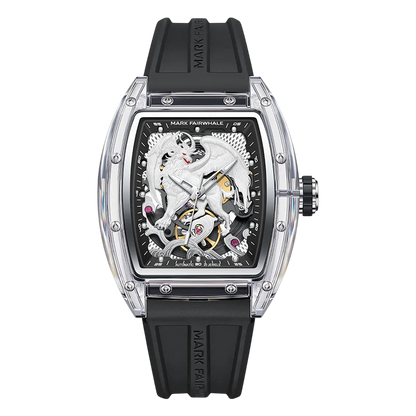 Luxury watch with black strap and transparent case displaying mechanical components on a white background