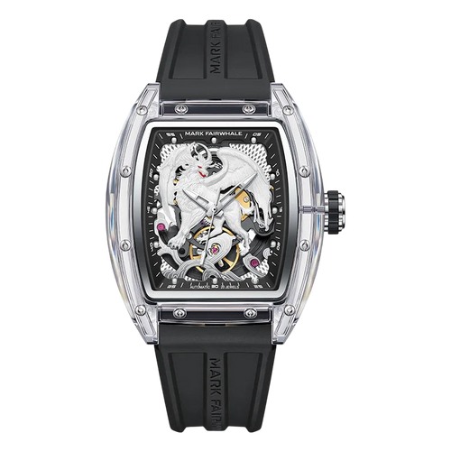Luxury watch with black strap and transparent case displaying mechanical components on a white background