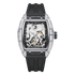Luxury watch with black strap and transparent case displaying mechanical components on a white background