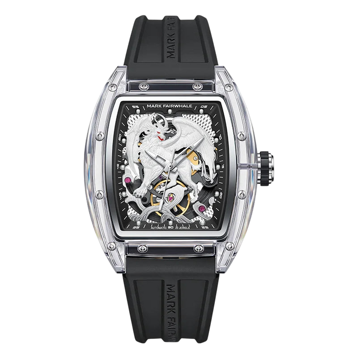 Luxury watch with black strap and transparent case displaying mechanical components on a white background