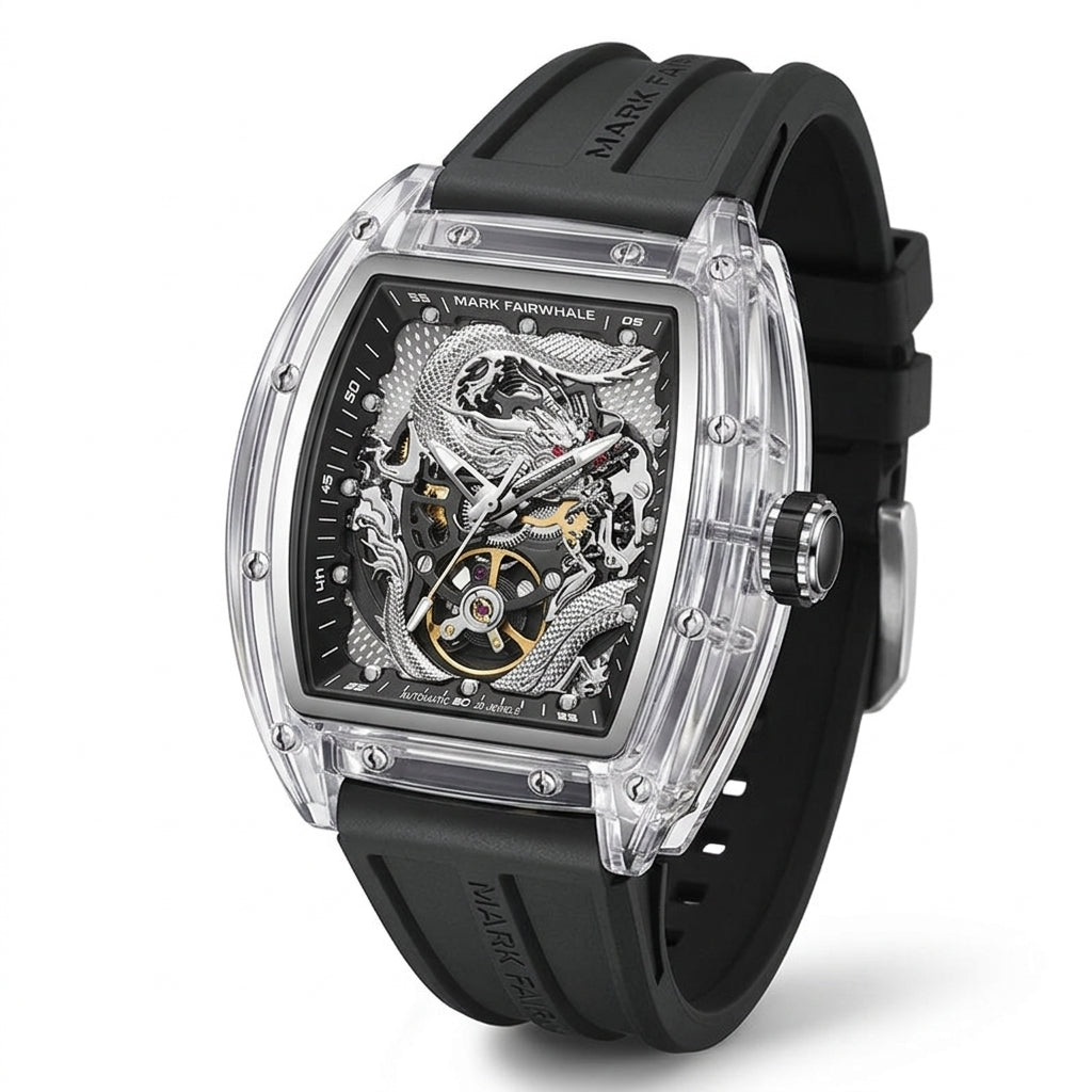 Luxury watch with black strap and transparent case on a white background