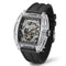 Luxury watch with black strap and transparent case on a white background