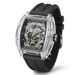 Luxury watch with black strap and transparent case on a white background