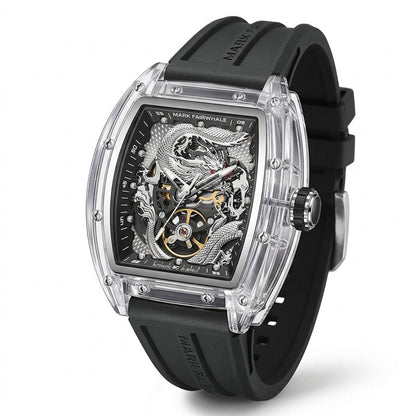 Luxury watch with black strap and transparent case on a white background