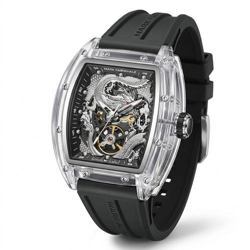 Luxury watch with black strap and transparent case on a white background