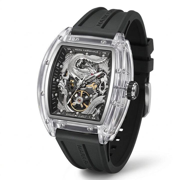 Luxury watch with black strap and transparent case on a white background