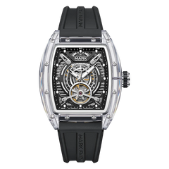Luxury watch with black strap and transparent case on a white background