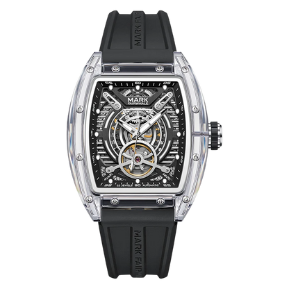 Luxury watch with black strap and transparent case on a white background