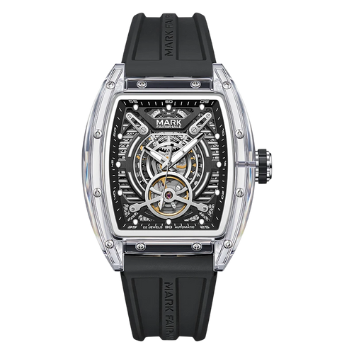 Luxury watch with black strap and transparent case on a white background