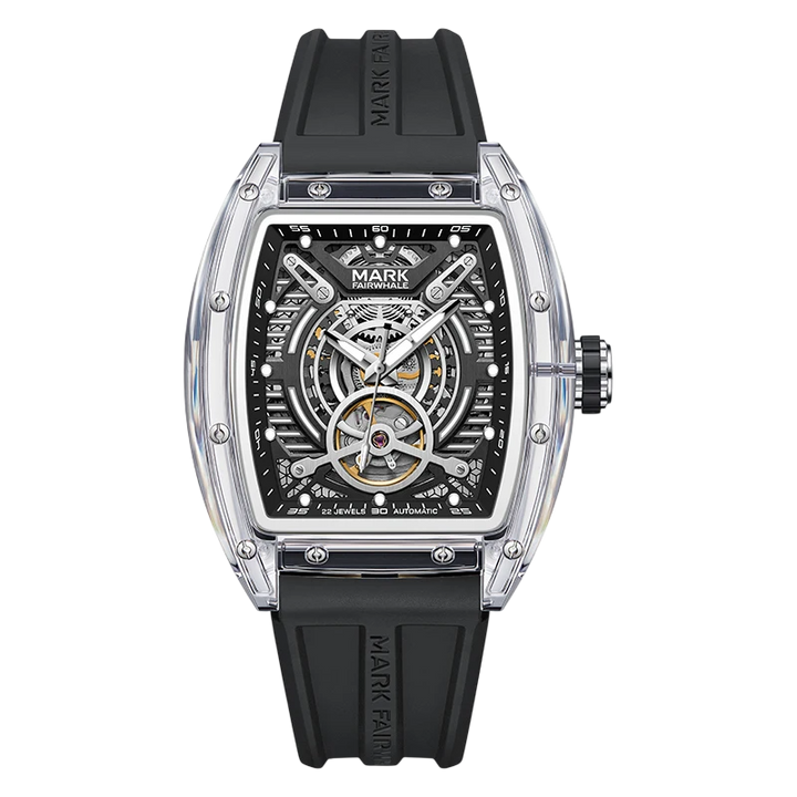 Luxury watch with black strap and transparent case on a white background