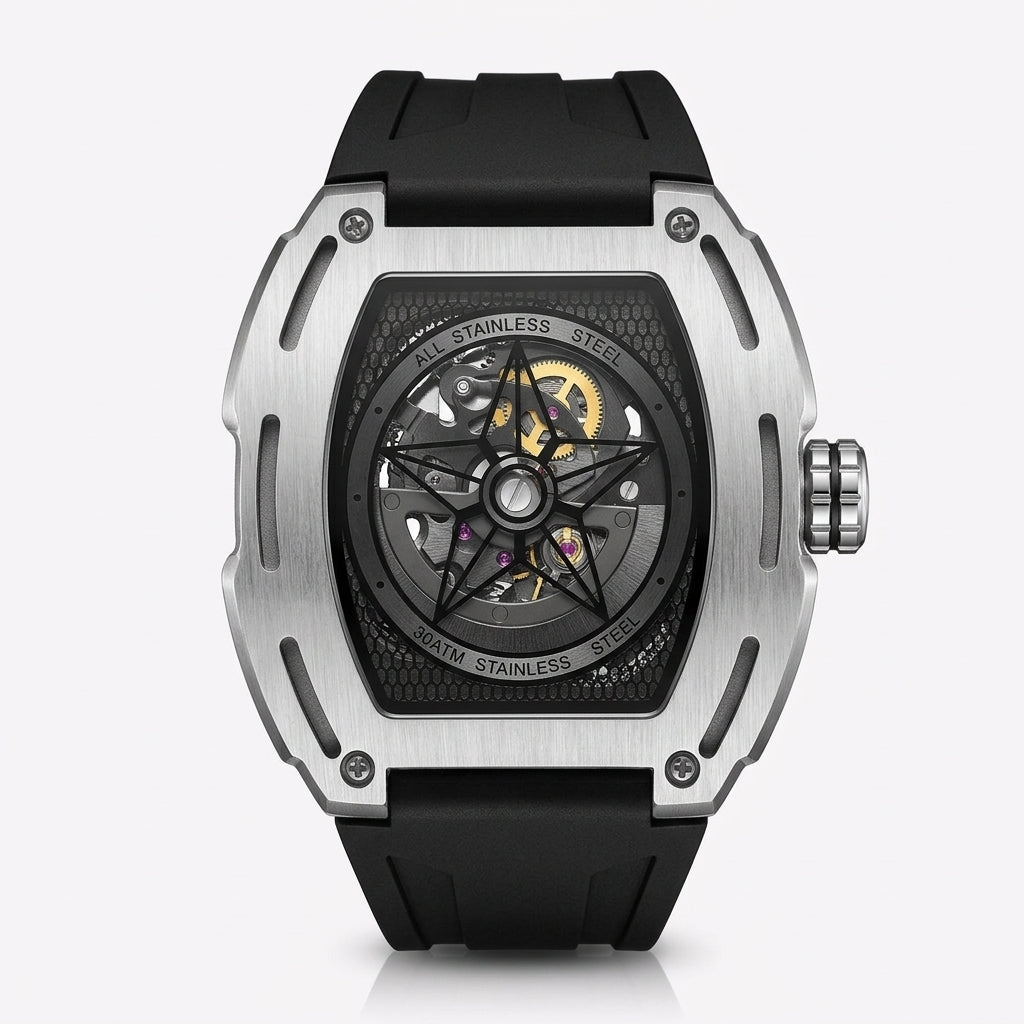 Luxury watch with black strap and transparent face on a white background