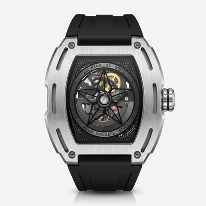 Luxury watch with black strap and transparent face on a white background