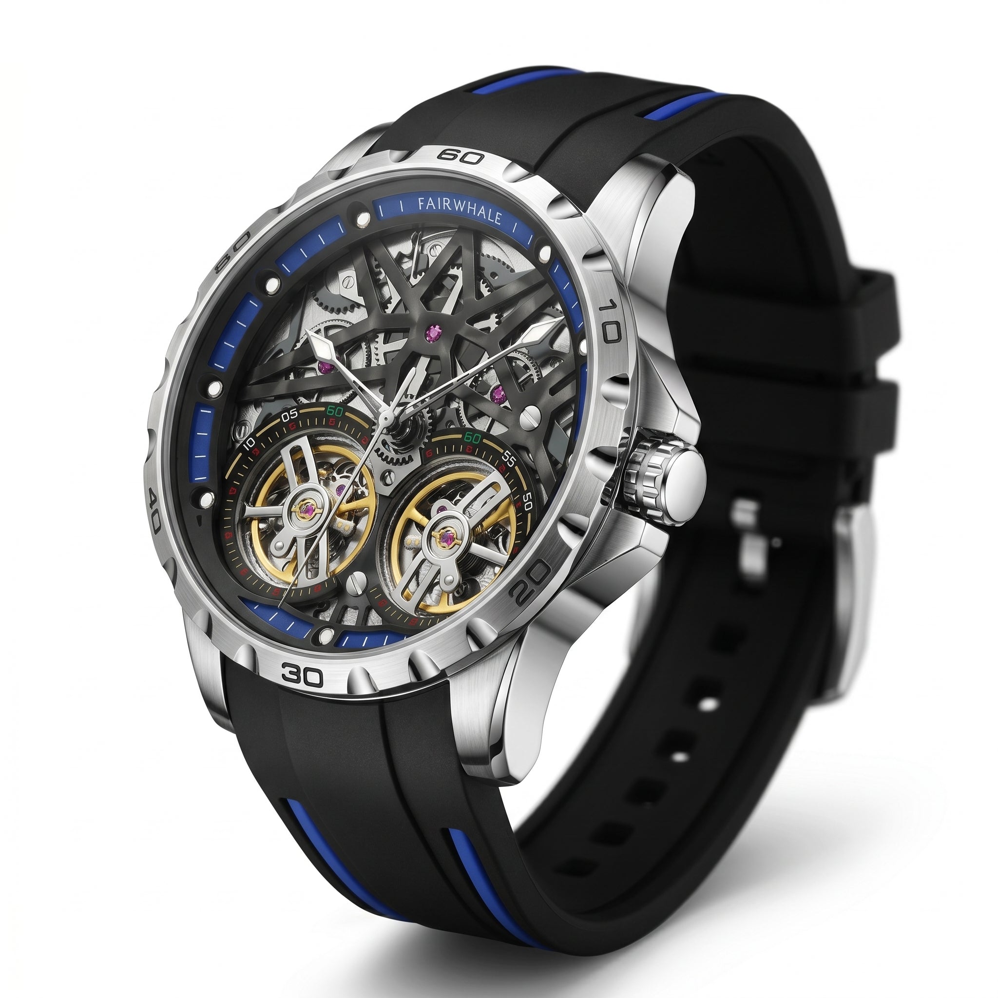 Luxury watch with black strap and visible mechanical components on a white background