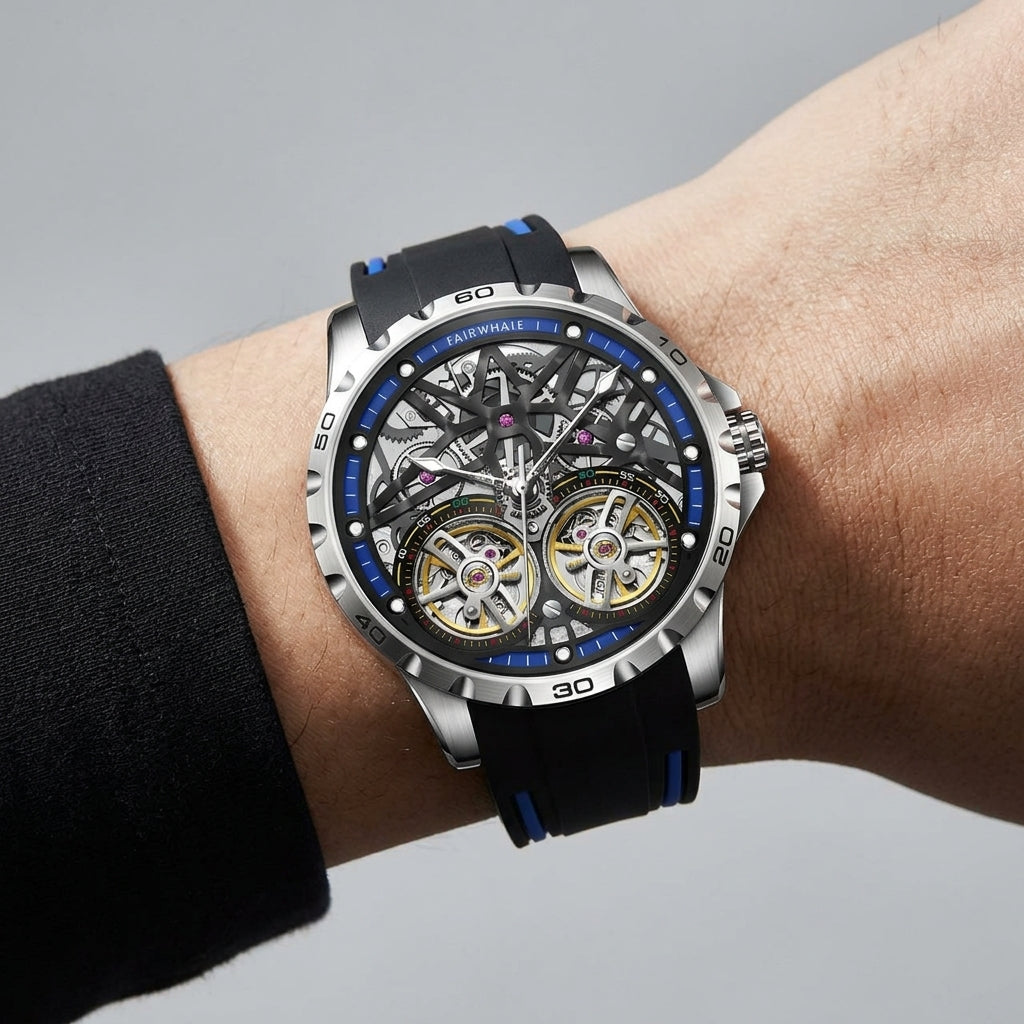 Luxury watch with black strap and visible mechanical components on a wrist against a gray background