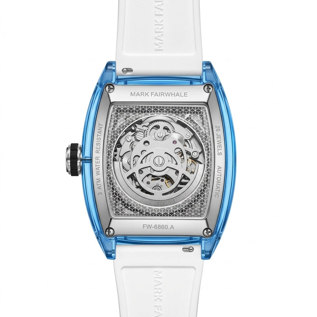 Luxury watch with blue case and white strap on a white background