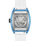 Luxury watch with blue case and white strap on a white background