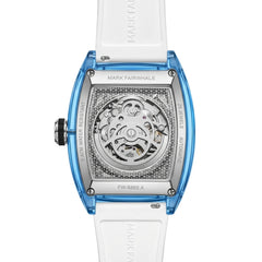 Luxury watch with blue case and white strap on a white background
