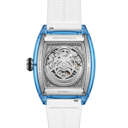 Luxury watch with blue case and white strap on a white background