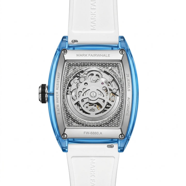Luxury watch with blue case and white strap on a white background