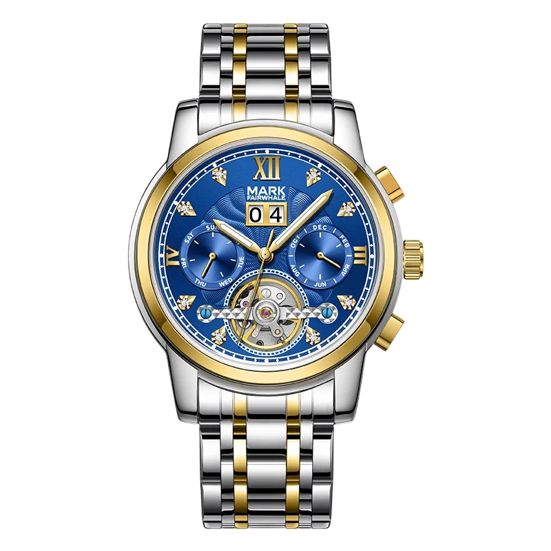 Luxury watch with blue face and gold accents on a white background