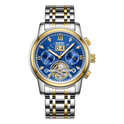 Luxury watch with blue face and gold accents on a white background