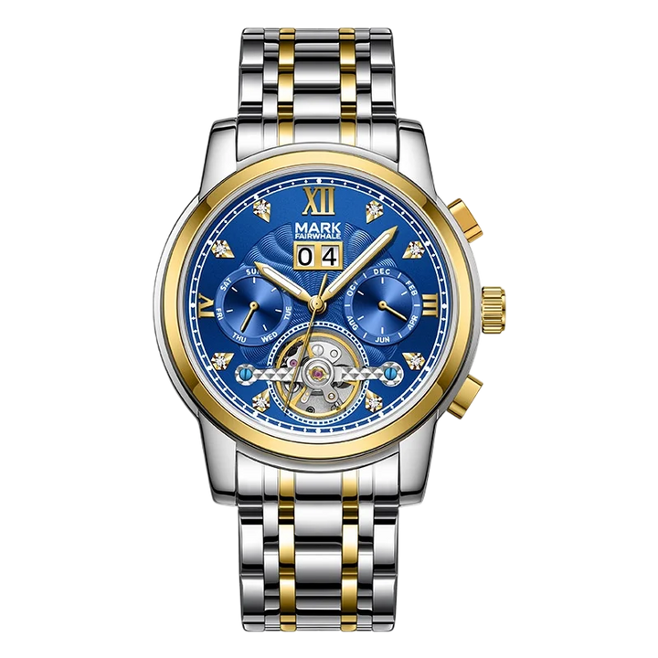 Luxury watch with blue face and gold accents on a white background