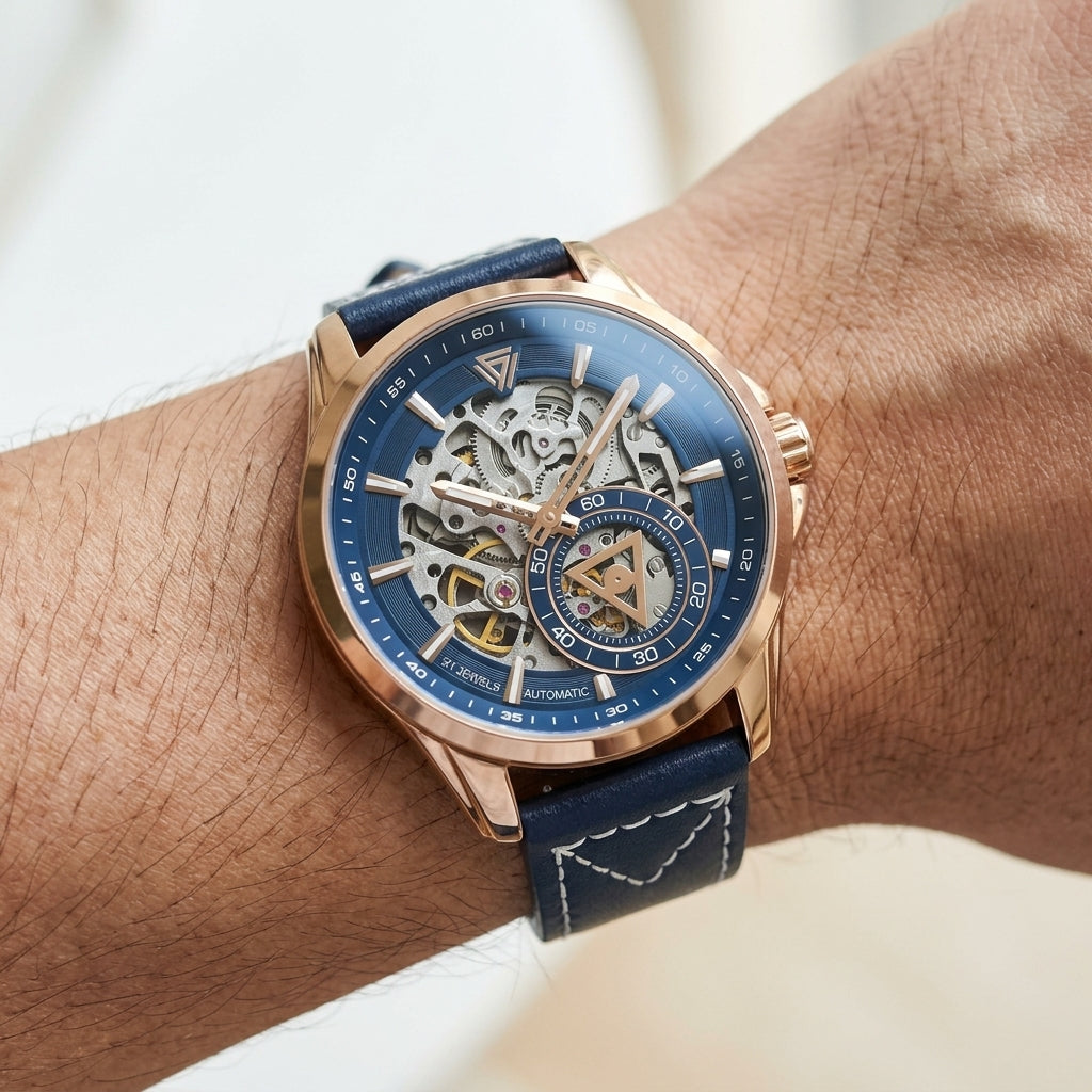 Luxury watch with blue face and leather strap on a wrist