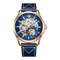 Luxury watch with blue face and navy leather strap on a white background