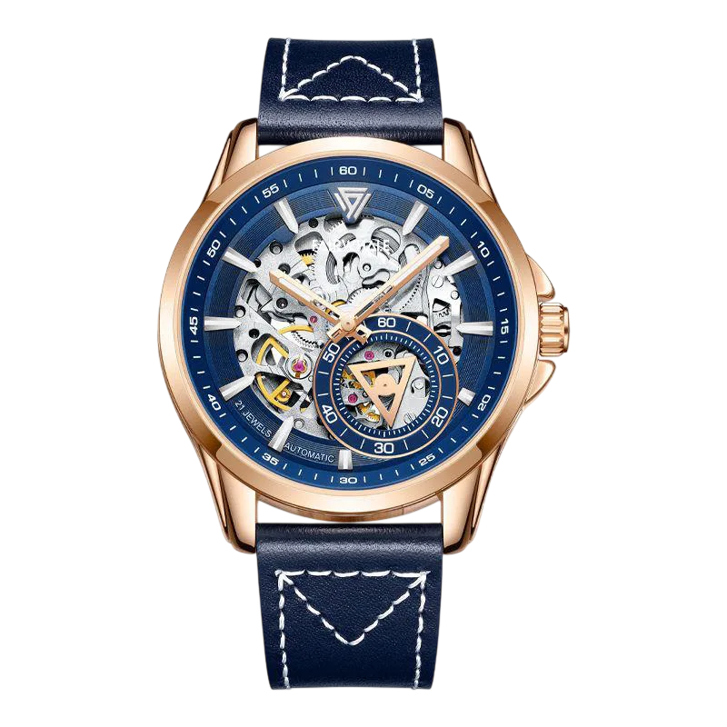 Luxury watch with blue face and navy leather strap on a white background