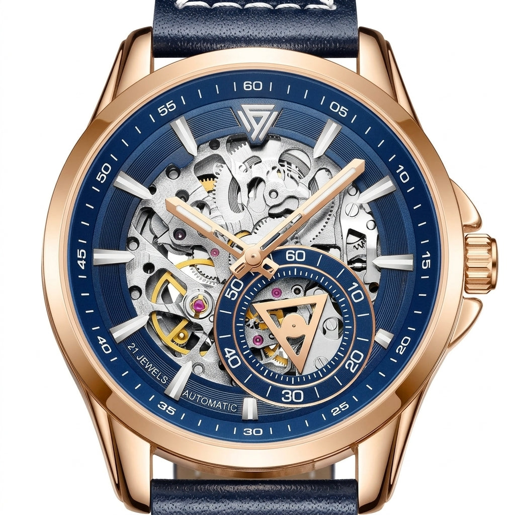 Luxury watch with blue face and rose gold case on white background