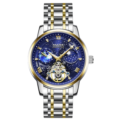 Luxury watch with blue face and silver and gold band on white background