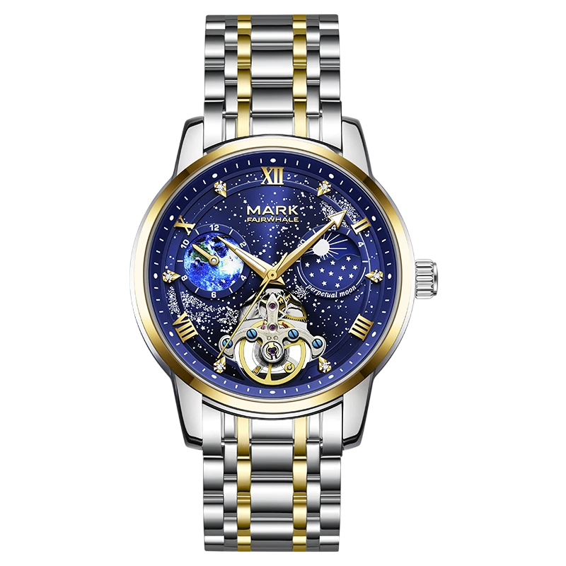 Luxury watch with blue face and silver and gold band on white background