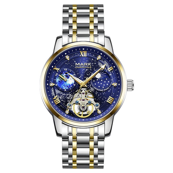 Luxury watch with blue face and silver and gold band on white background