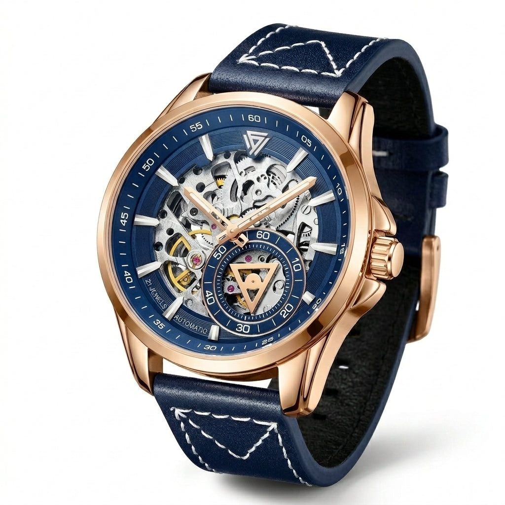 Luxury watch with blue strap and rose gold case on white background