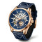 Luxury watch with blue strap and rose gold case on white background